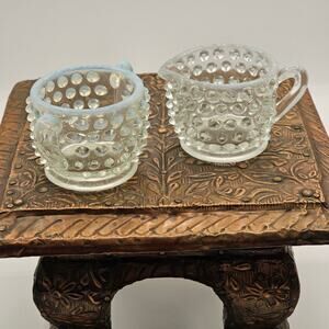 Fenton Hobnail Creamer Sugar Set French Moonstone Opalescent Glass Vintage